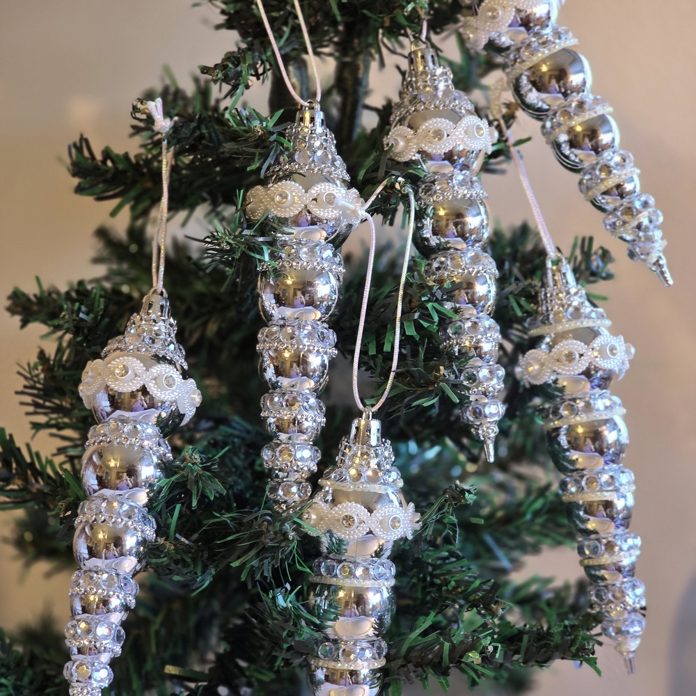 Elegant Silver Holiday Ornaments 6 New Pieces 6 Inch Handmade